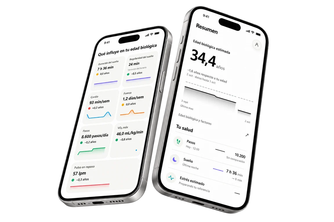 Dos iPhone muestran el Resumen y los factores del índice de edad biológica estimada de Trade Health