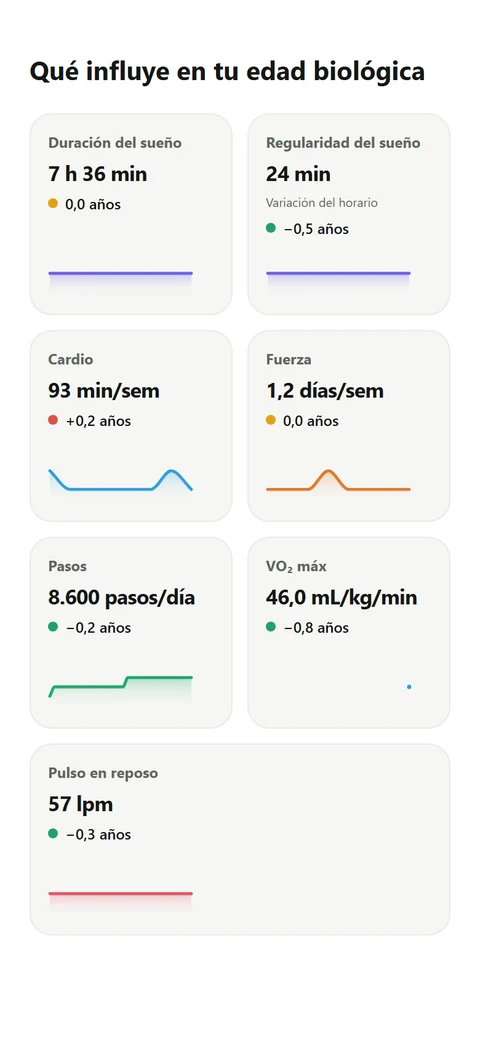 Factores del índice: sueño, regularidad, cardio, fuerza, pasos y condición física