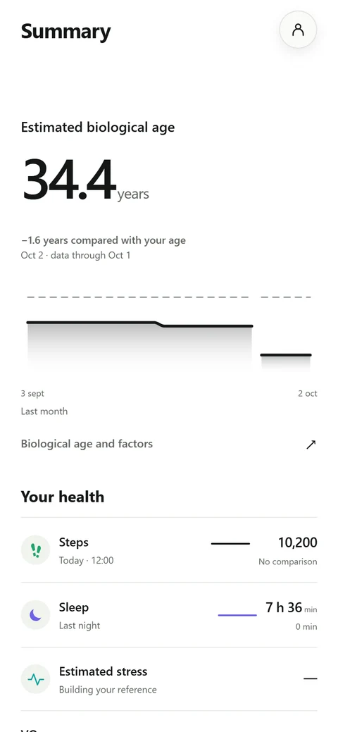 Estimated age, steps, sleep and estimated stress in the Summary