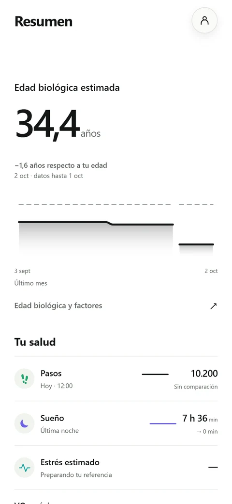 Resumen con edad estimada, evolución, pasos, sueño y estrés estimado
